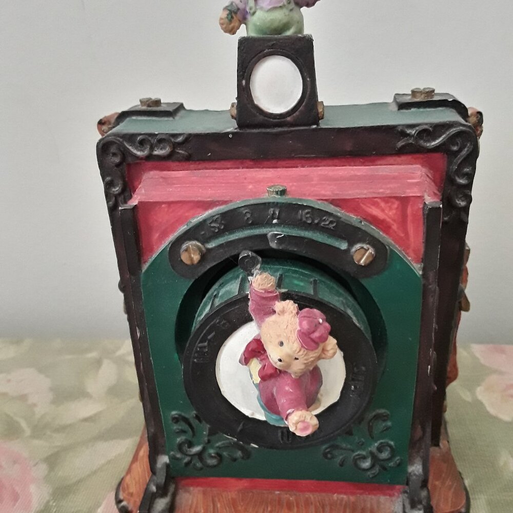 Vintage Musical Box Shaped Like an Antique Camera with Teddy Bears
